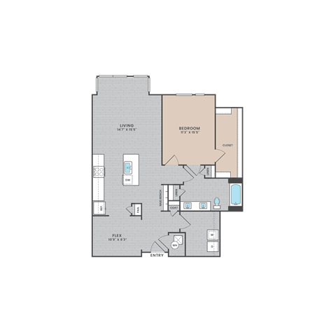 A floor plan of a living area with a bedroom, bathroom, and kitchen.